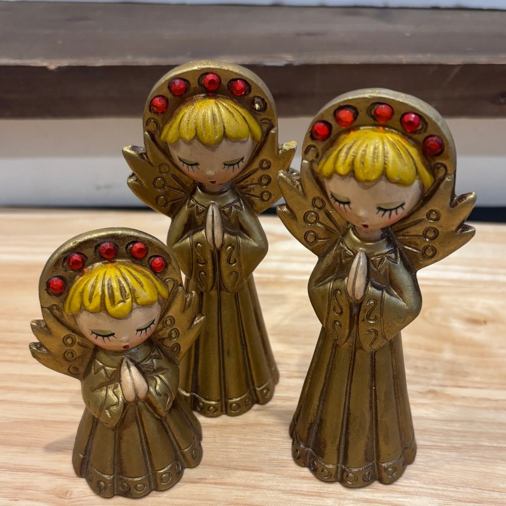 Vintage Japan Gold Praying Angel Figurine Set Red Rhinestone Halo Mid Century 3p